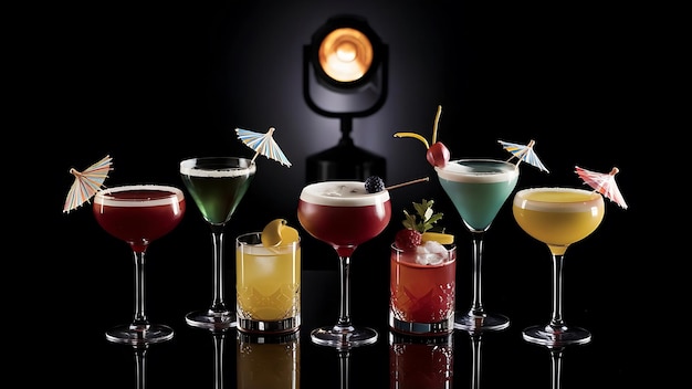 Colorful cocktails on black background