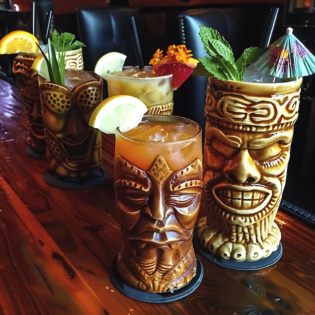 Photo colorful cocktails served in tiki mugs with intricate designs perfect for a tropical getaway