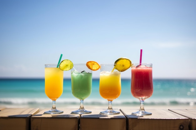 Colorful cocktails on a table overlooking the beach