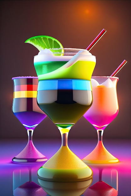 Colorful cocktails with lime on the bar counter Party club entertainment 3D illustration