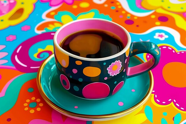 A colorful coffee cup with a floral design sits on a colorful plate