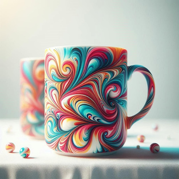 Photo a colorful coffee mug with colorful swirls on it