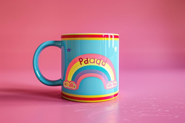 Photo a colorful coffee mug with the word rainbow on it