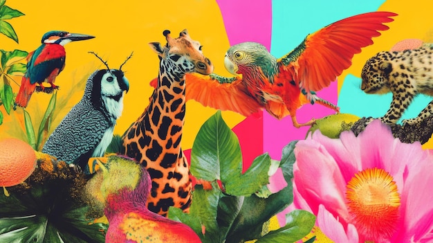 Photo colorful collage of diverse animals and vibrant plants in a vivid tropical setting