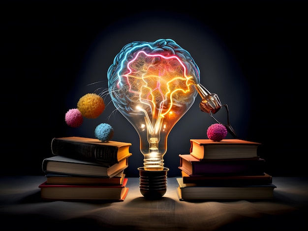 Colorful Collage of Education lightbulb Brain Book and Intelligence