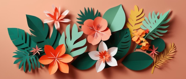 A colorful collage of paper flowers and leaves on a flat background