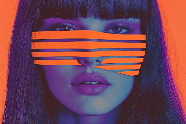 Photo colorful collage portrait with striped masked woman