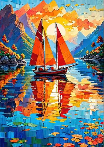 Colorful Collage Sailboat Layered Paper Artwork in Serene Sunset Scene Generated by AI