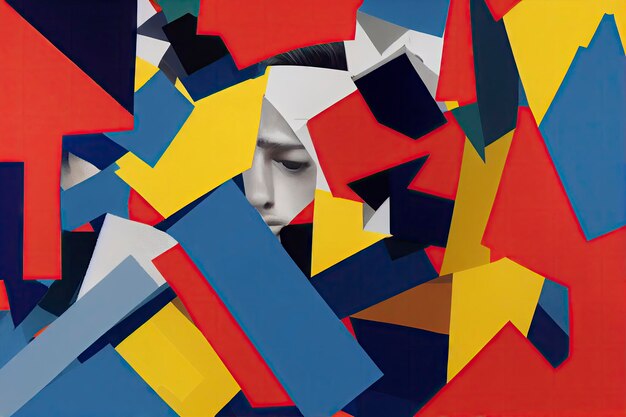 A colorful collage of squares and a woman's face.