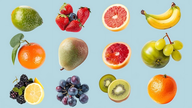 Photo a colorful collage of various fruits such as kiwi grapes strawberries bananas and oranges