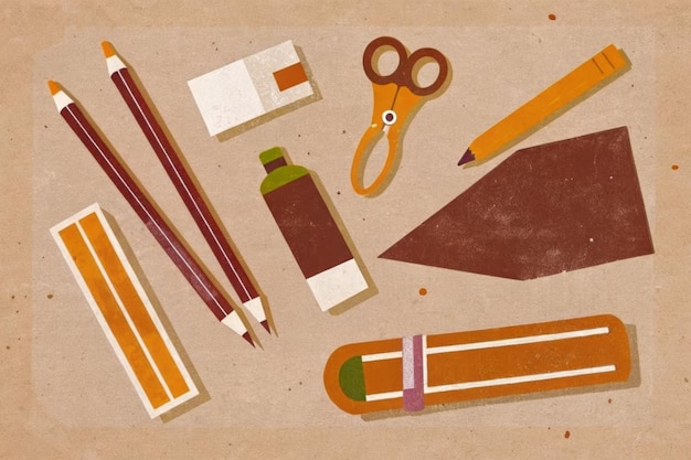 Photo a colorful collection of everyday supplies arranged on an orange background