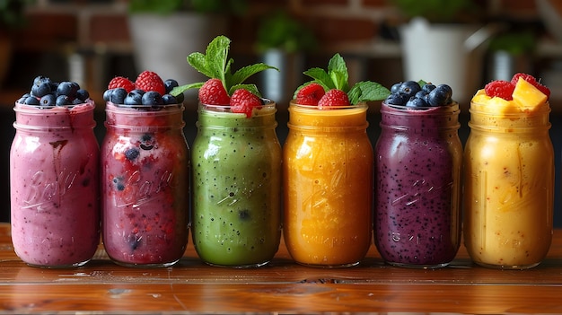 Colorful Collection of Fresh Fruit Smoothies in Mason Jars with Berries and Mint Leaves