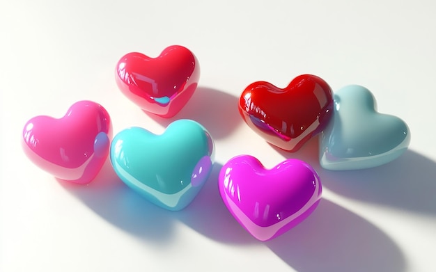 Photo colorful collection of glass heartshaped objects in a variety of vibrant hues on a white background perfect for love and decoration concepts