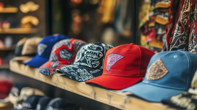 Photo colorful collection of hats displayed on a wooden shelf in a trendy boutique