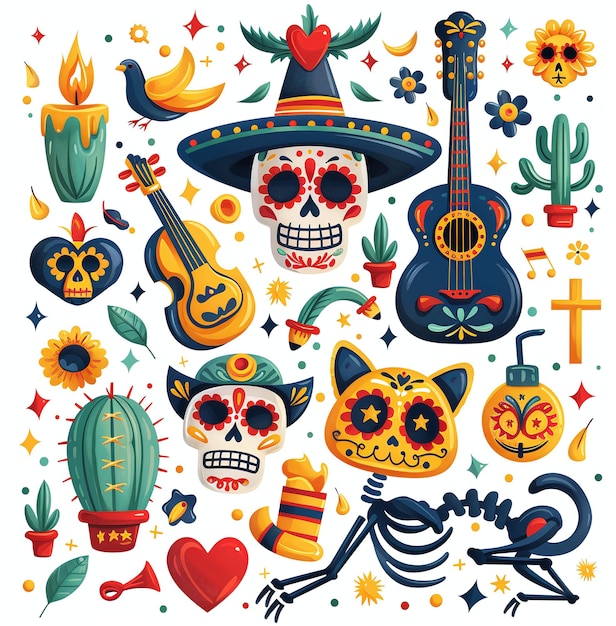 Photo colorful collection of mexican day of the dead dia de los muertos symbols including decorated skulls cacti guitars and a cat vibrant folk art style with flowers and flames