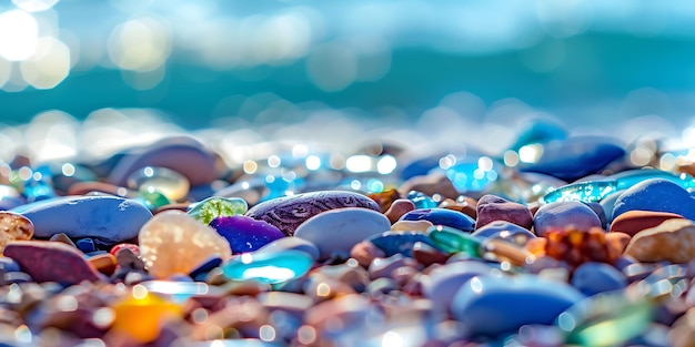 a colorful collection of pebbles with a blue water background