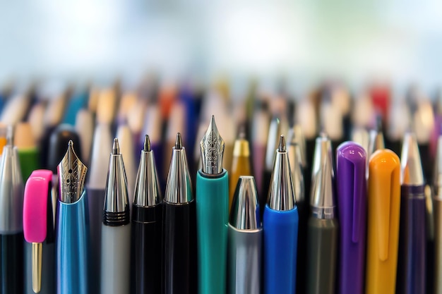 Photo a colorful collection of pens showcases various styles and designs on a blurred background