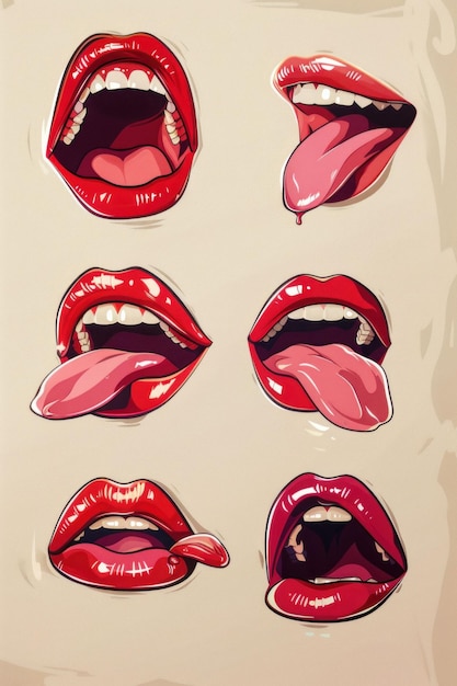 Photo colorful collection of playful lips in various positions on a beige background