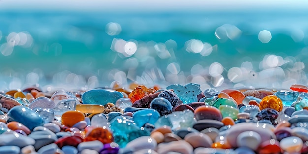 a colorful collection of sea glass and stones on the beach