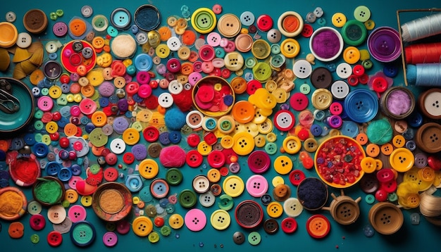 A colorful collection of sewing equipment and buttons generated by AI