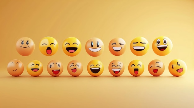 Photo a colorful collection of various smiley emoji faces against a warm yellow background showcasing different emotions and expressions