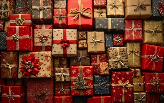 A colorful collection of wrapped gifts in red gold and blue perfect for a holiday background