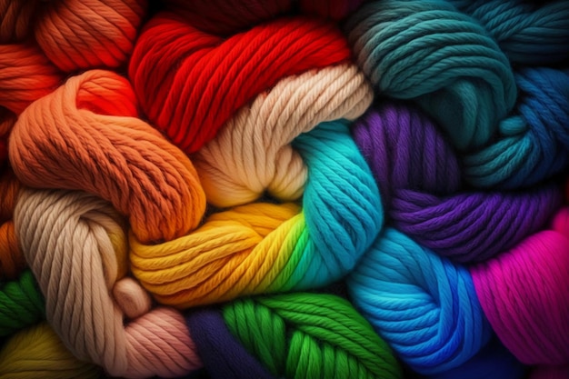 A colorful collection of yarns with different colors.