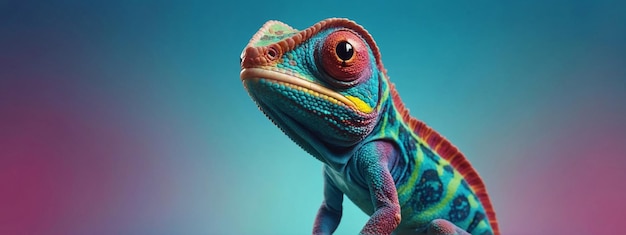 Colorful colored chameleon with big eye on a solid color background banner with Copy space