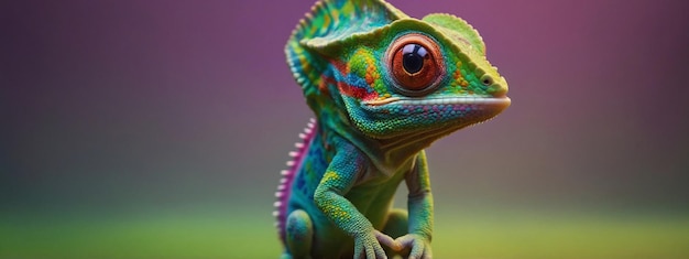 Colorful colored chameleon with big eye on a solid color background banner with Copy space