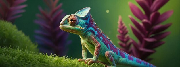 Colorful colored chameleon with big eye on a solid color background banner with Copy space