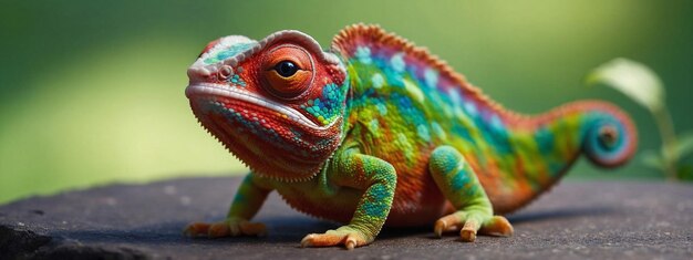 Colorful colored chameleon with big eye on a solid color background banner with Copy space