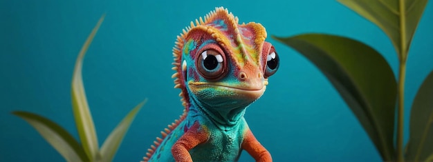 Colorful colored chameleon with big eye on a solid color background banner with Copy space