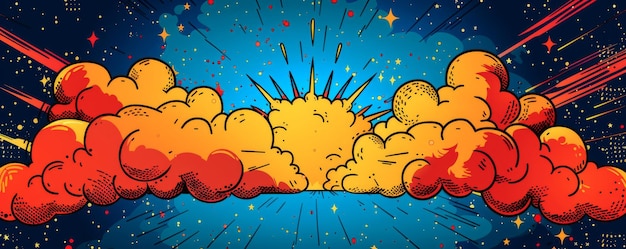 Colorful comic book style explosion with stars and clouds