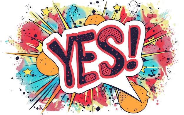 Colorful comic style illustration with the word YES in a vibrant speech bubble