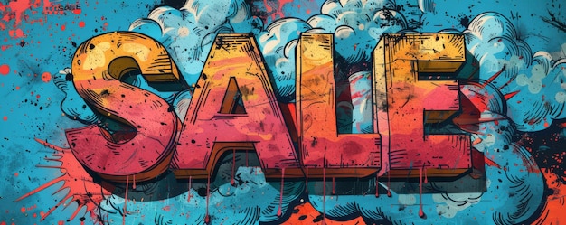 Colorful comicstyle SALE illustration with graffiti influence and dramatic clouds