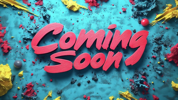 Photo colorful coming soon text on blue background with vibrant splashes announcement concept