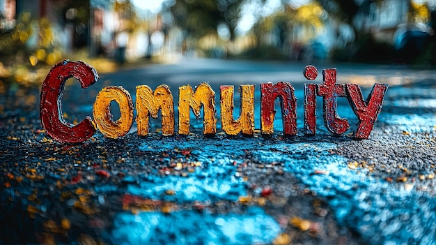 Colorful community lettering on textured urban street background