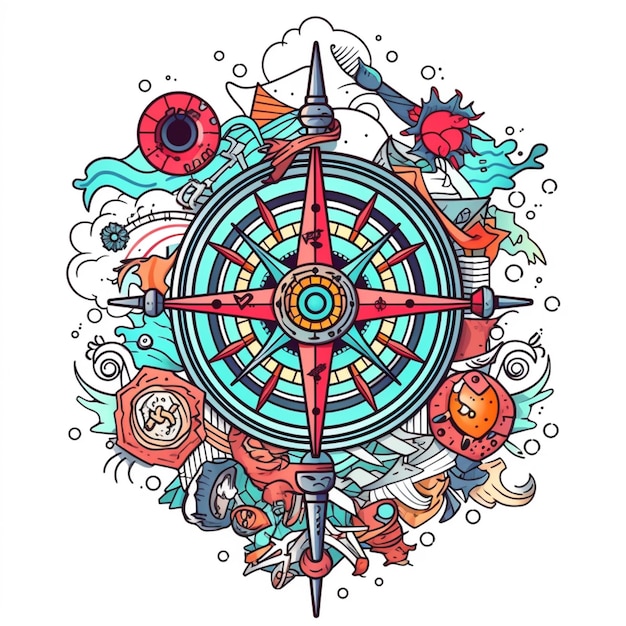 a colorful compass with various items surrounding it generative ai