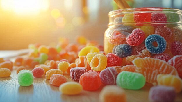 Photo colorful composition of various candies on table