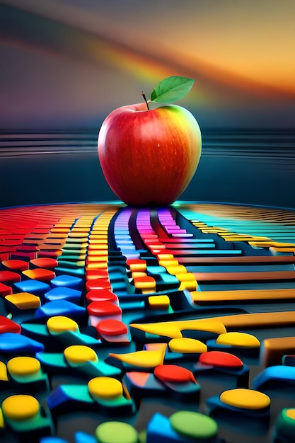 A colorful computer screen with a red apple on top of it.