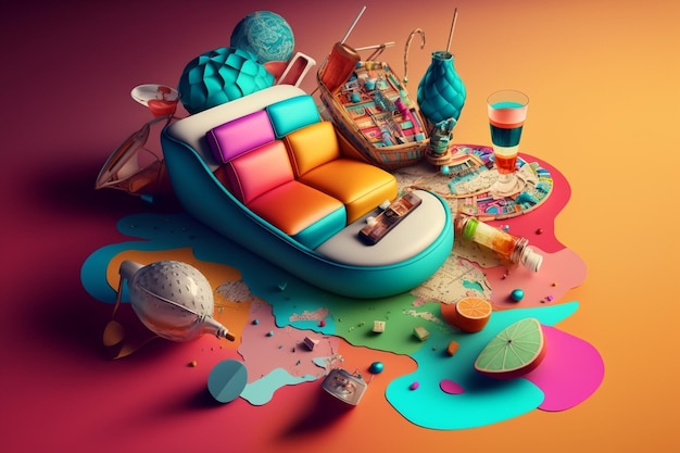 Colorful concept of summer holidays and holidays Time for rest and leisure weekends and vacations entertainment planning trips travels Pleasure Assembling things accessories for the trip