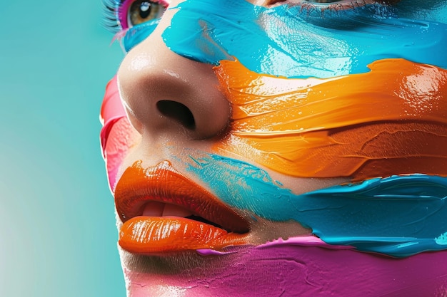 Colorful Conceptual Art of Womans Face with Multilayered Paint Strokes Illustrating Skincare Treatments