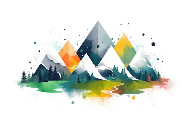 Colorful concise illustration of mountains and rivers in front of white background