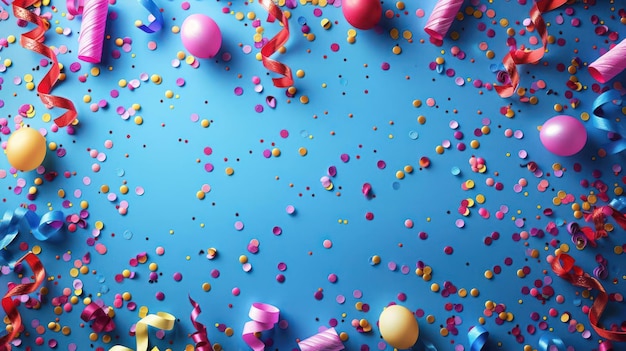 Colorful confetti and balloons on a blue background