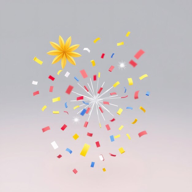 Colorful confetti exploding from a yellow flower on a light grey background