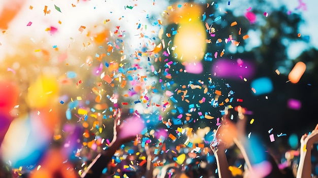 Photo a colorful confetti explosion over a joyful crowd at a festive outdoor party