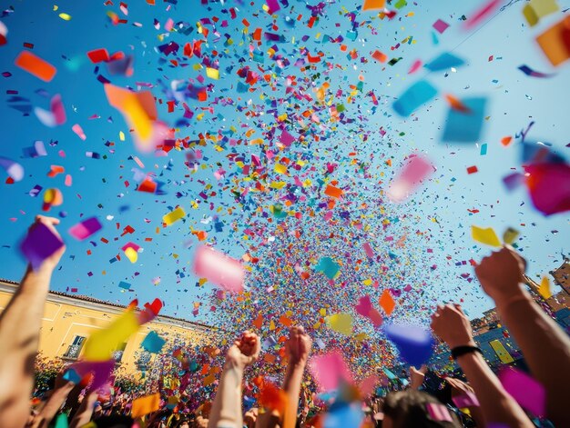 Photo colorful confetti falling over joyous festival goers