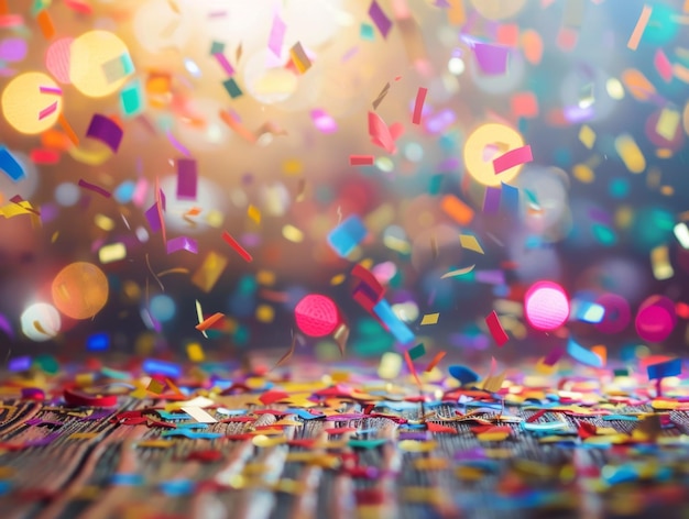 Colorful Confetti Falling on a Wooden Surface with Bokeh Lights