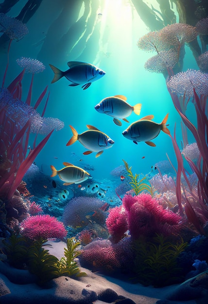 Colorful coral reef and fish Clean underwater world scene Created with Generative AI technology