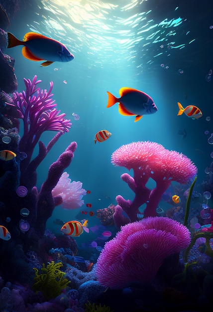 Colorful coral reef and fish Clean underwater world scene Created with Generative AI technology